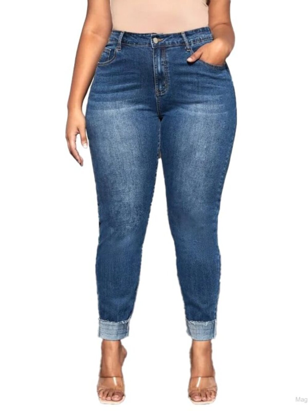 Plus Size High Waisted Stretch Denim Jeans Cuffed Ankle Casual